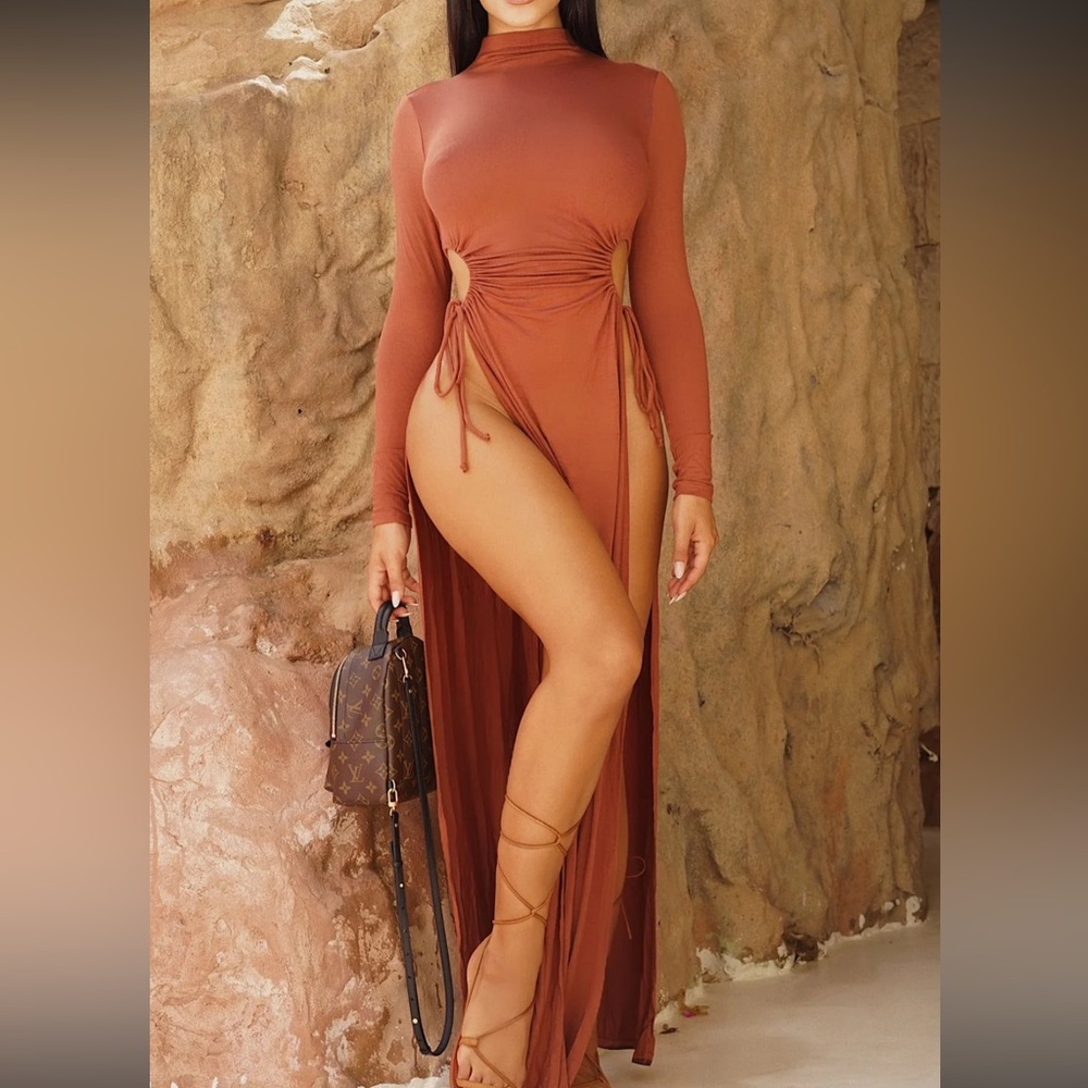 Fashion Nova Long Sleeve Cutout Maxi Dress in Rust
